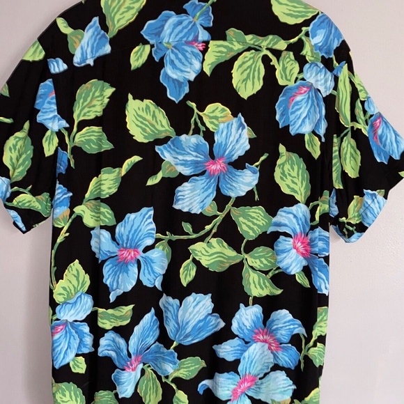 Men's Large POLO SPORT Black Blue Hibiscus Hawaiian Shirt - Picture 5 of 8